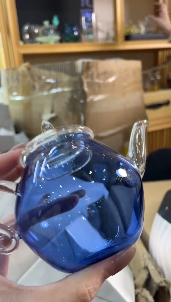手工艺品玻璃遇器蓝色小壶200毫升