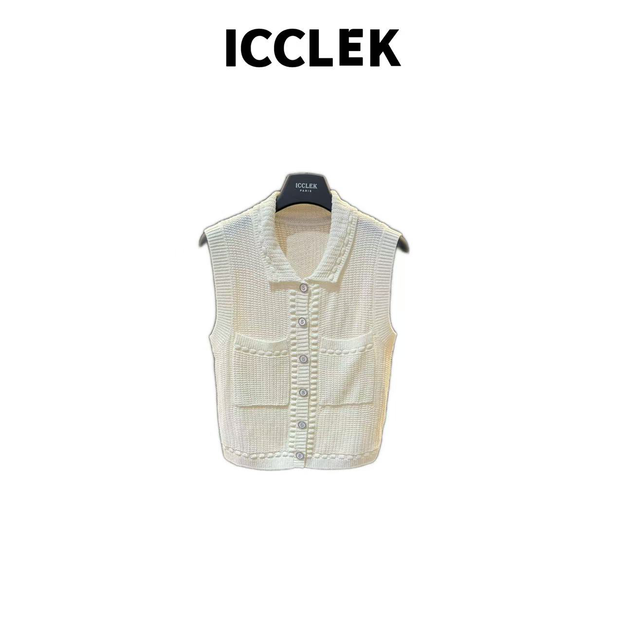  XY ICCLEK 白色圆领黄色螺纹弹力套头短袖针织衫 -5657