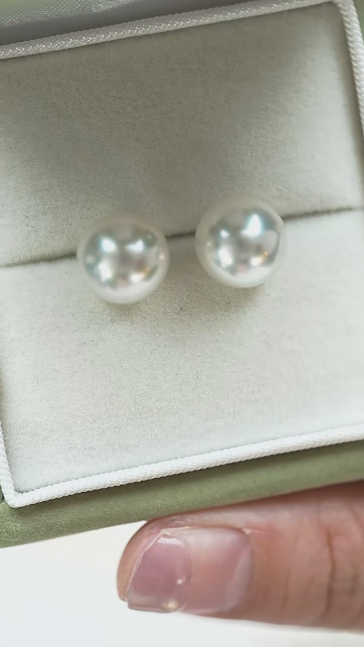 18K金镶嵌海水珍珠耳饰澳白10-11mm耳钉+18K金针