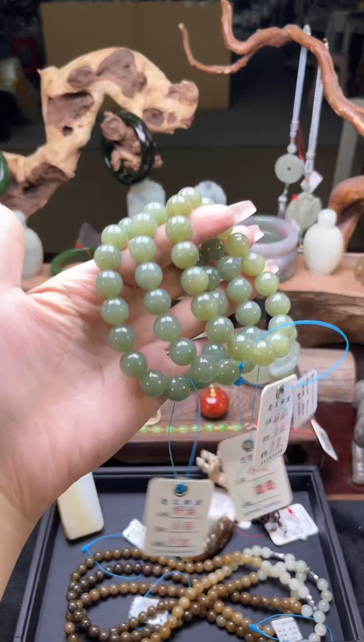 【闪购商品】和田玉手串未镶嵌卡12青海湖水绿圆珠 多样性发一