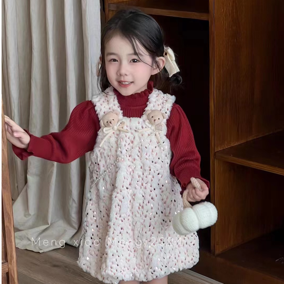 81967冬季儿童加绒小熊毛毛裙套装