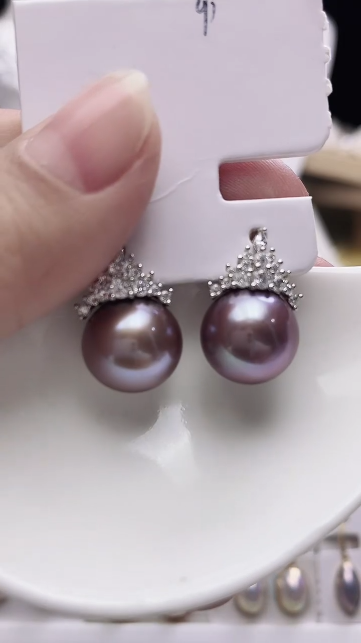 【闪购商品】淡水珍珠耳饰银S925镶嵌紫珠冰雪款耳钉