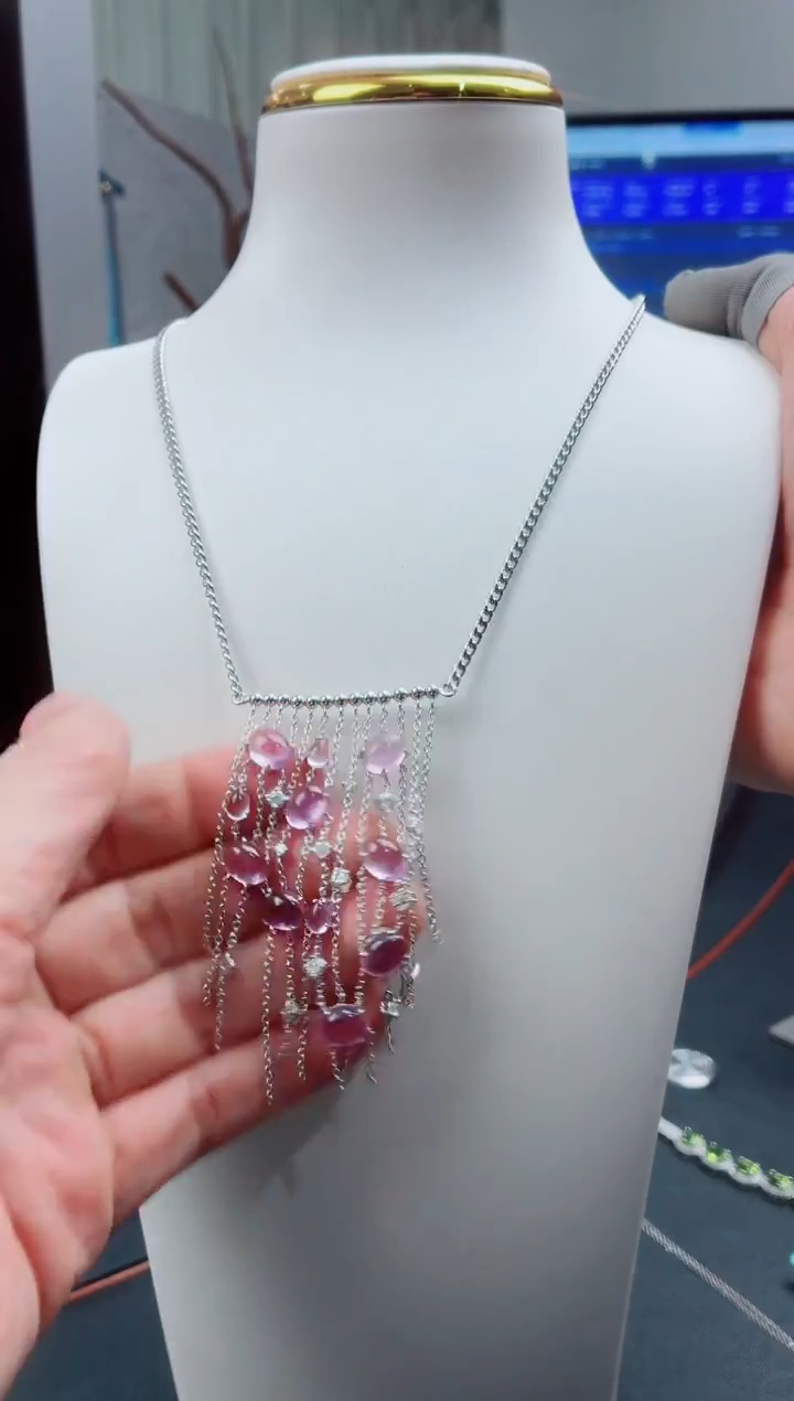 毛衣链银S925镶嵌紫晶清**笑紫晶项链