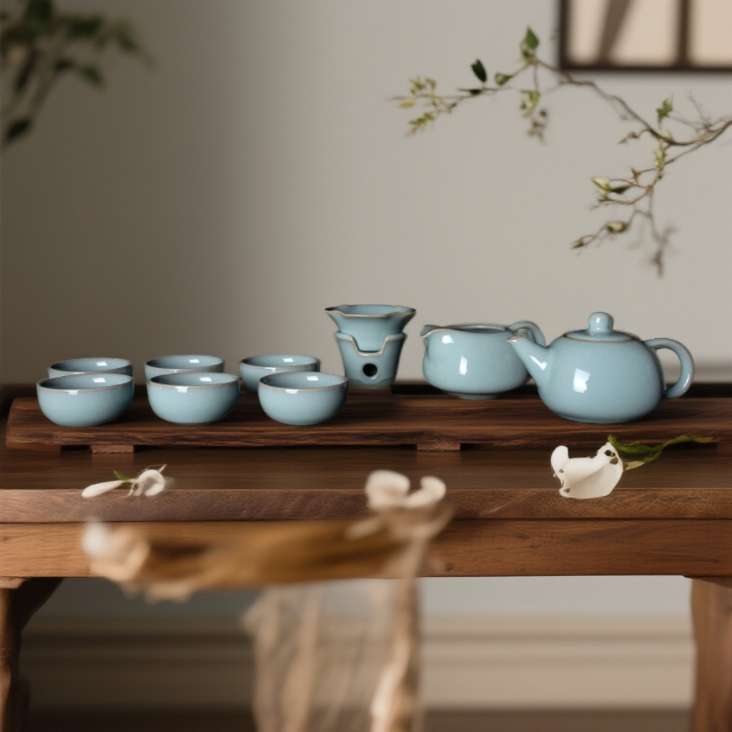 弘宝汝窑天青色四方茶组十件套青瓷家用茶具茶杯套装整套高档中式