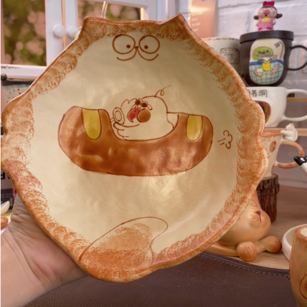 景德镇创意手绘设计师款烘焙系列面包小鸟盘