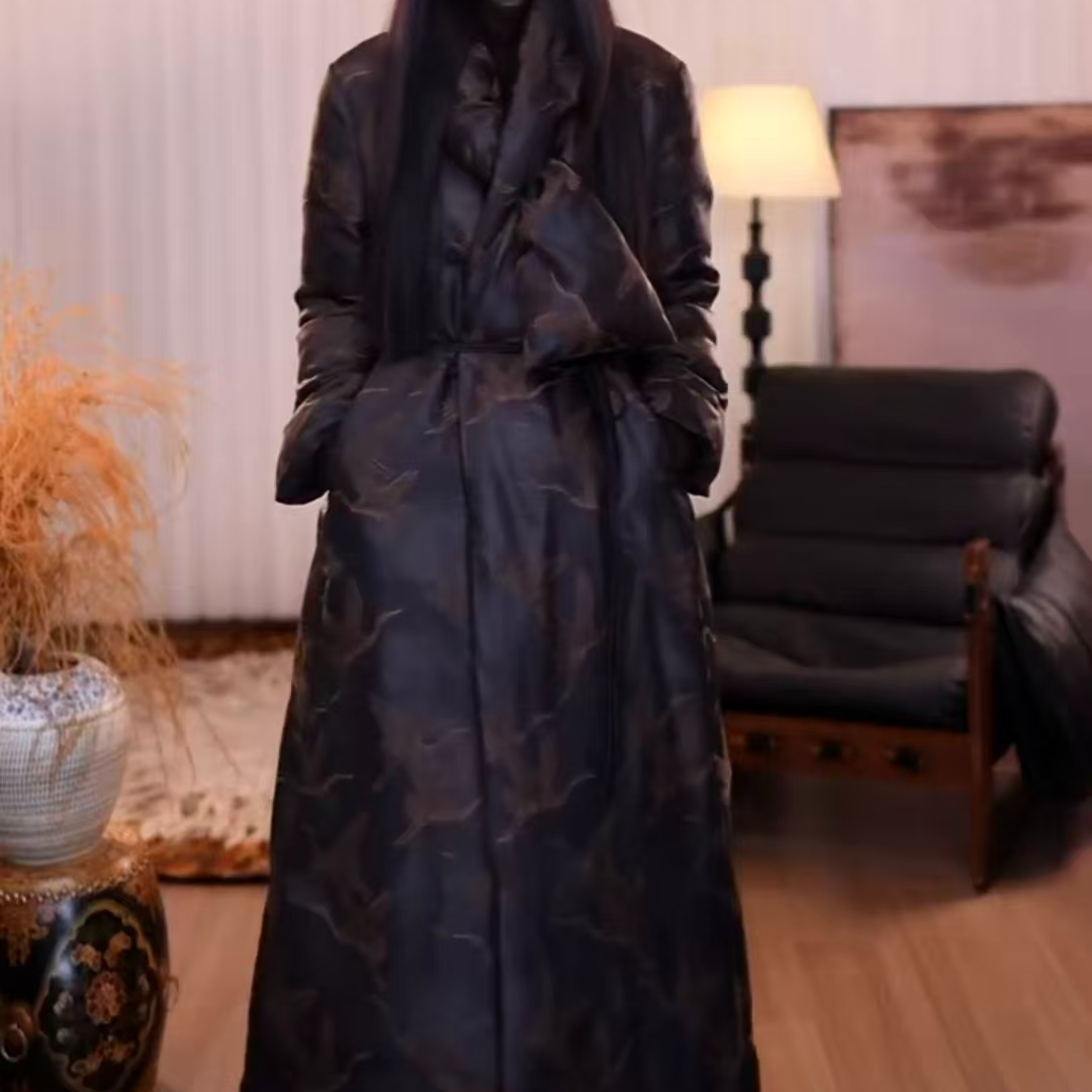 『辞南』香云纱新中式设计师高级气质保暖冬季宽松休闲长款羽绒服