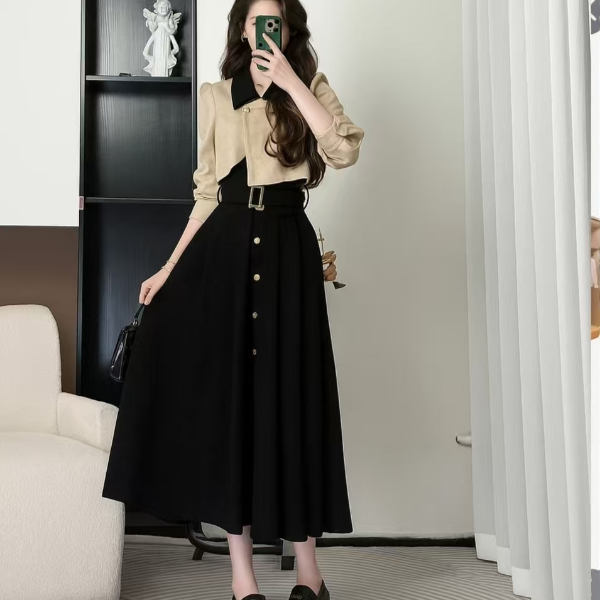 拼色法式长袖粉色蝴蝶结连衣裙裙子长裙秋季长款女装