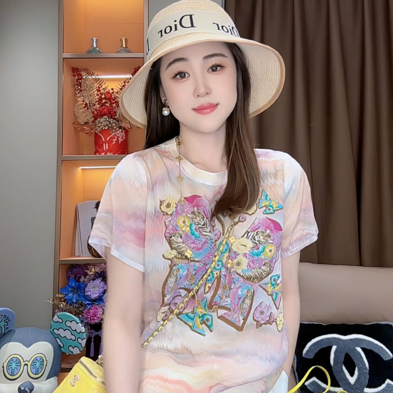 【丝芙玉禄】（F759）100真丝双绉显瘦彩色蝴蝶气质桑蚕丝t恤上衣