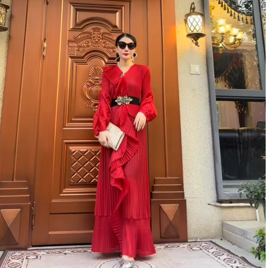 【压褶系列】荷叶边花苞袖时尚气质连衣裙