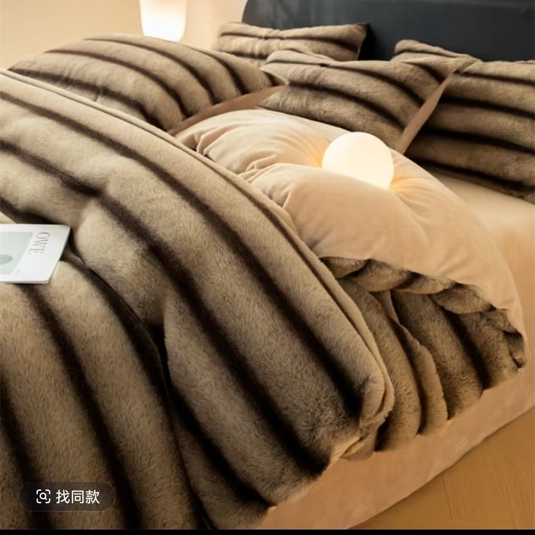 【馨梦】高端条纹高克重仿兔兔毛绒双面加厚牛奶绒床上四件套双面绒