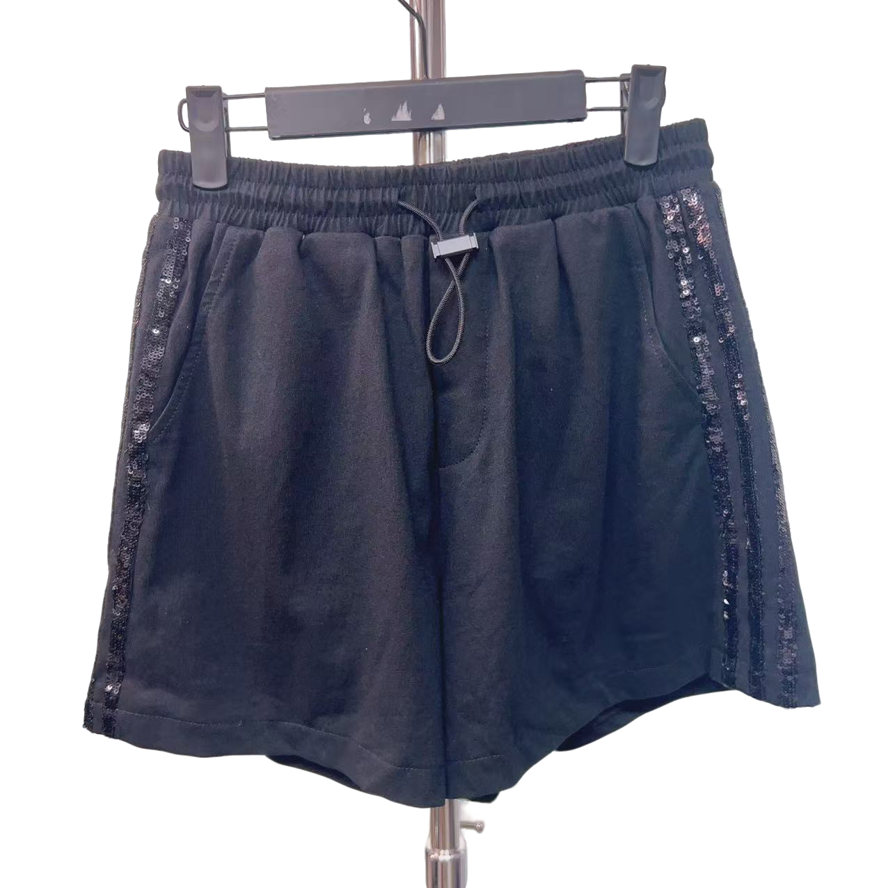 2025春夏新款2069A夏季黑色亮片侧边条纹女士短裤