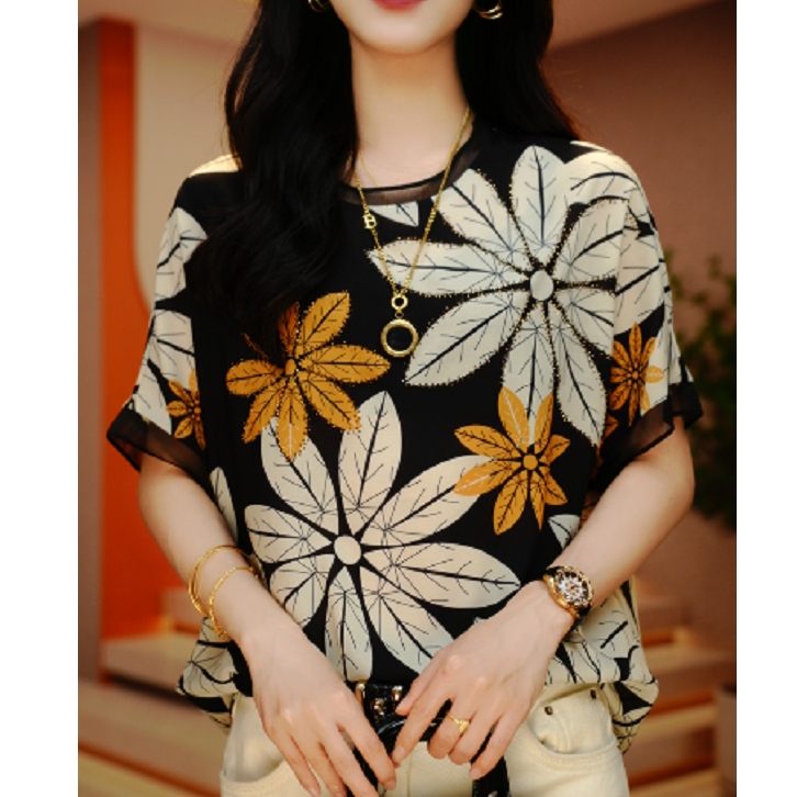 金枝玉叶-高端短袖时尚显瘦显白百搭印花圆领减龄上衣女