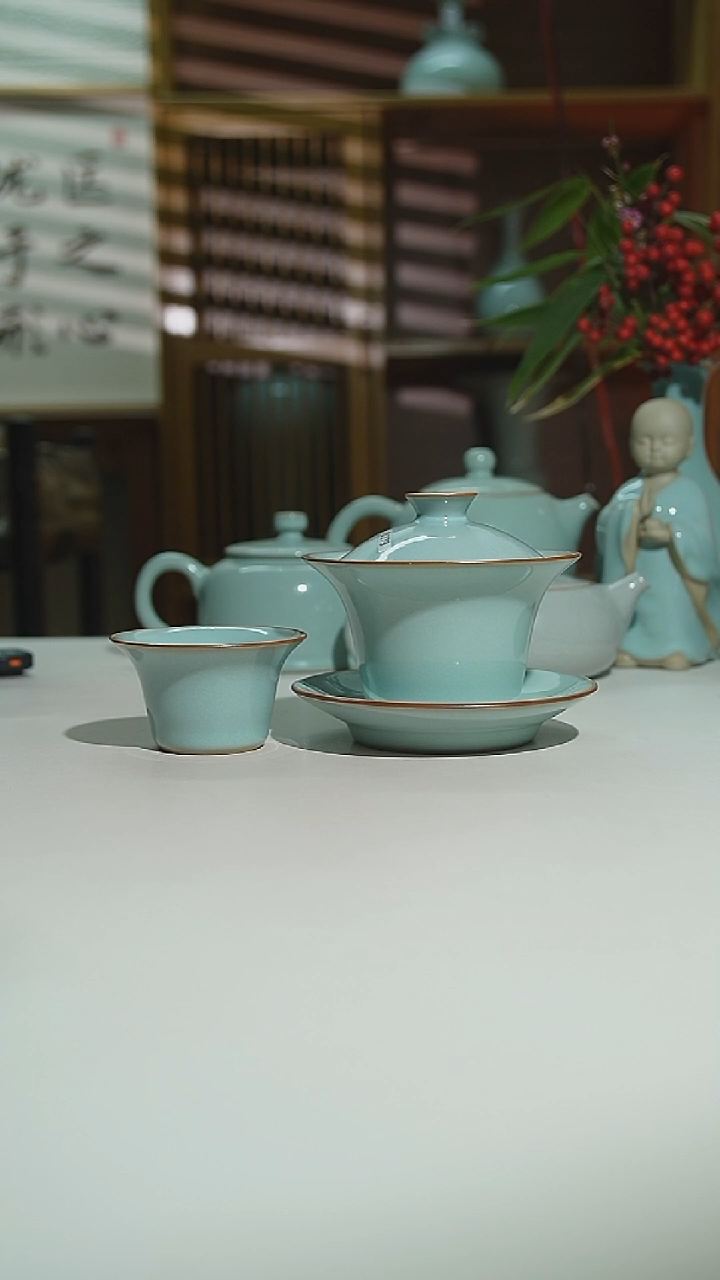 珑匠天青马蹄盖碗二级加天青小马蹄杯一级2只