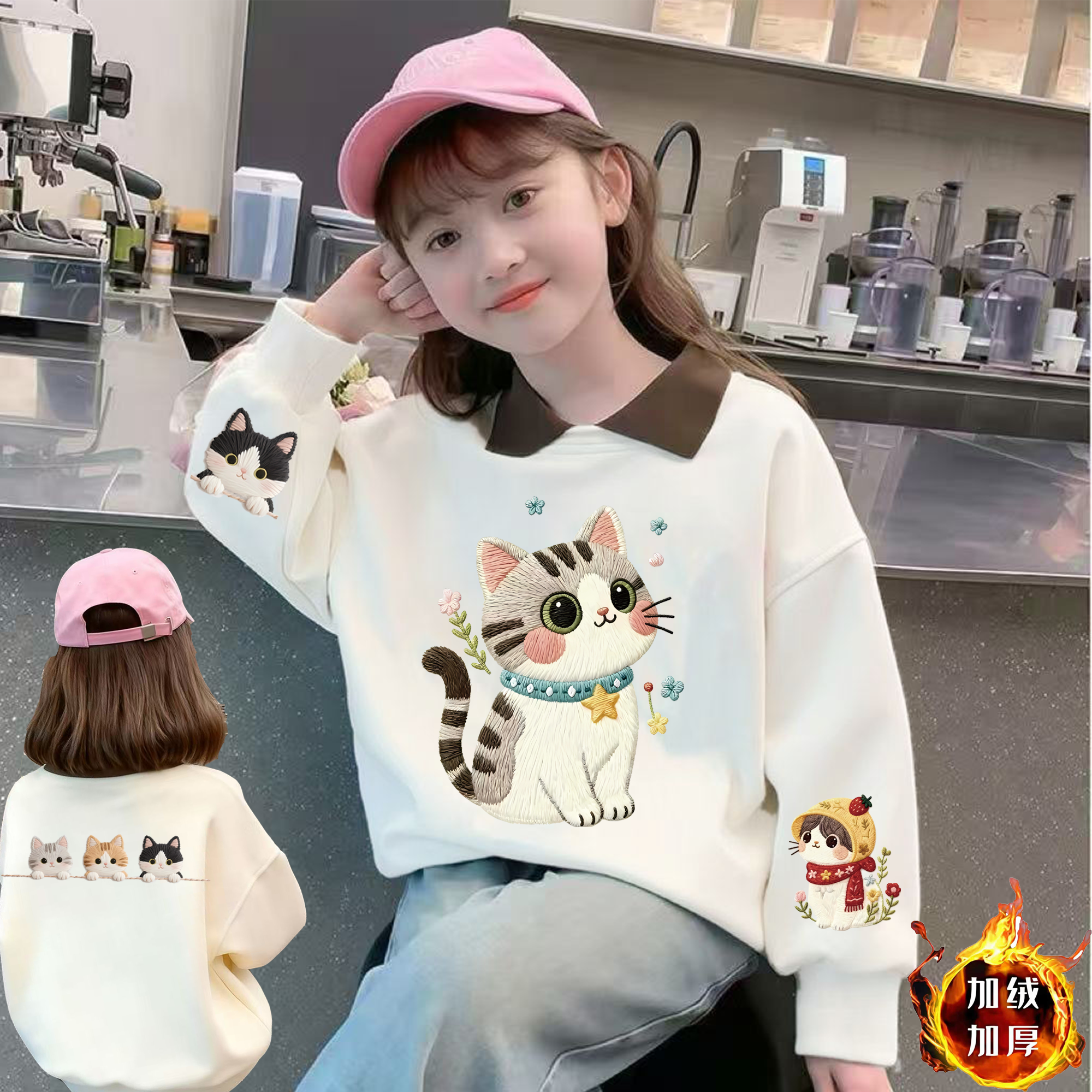 【现货】新款印花女童薄绒卫衣一体绒宝宝绒印花polo领立领卫衣加绒