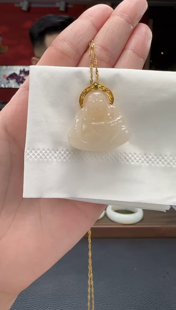 【闪购商品】和田玉颈饰18K金镶嵌藕粉佛公