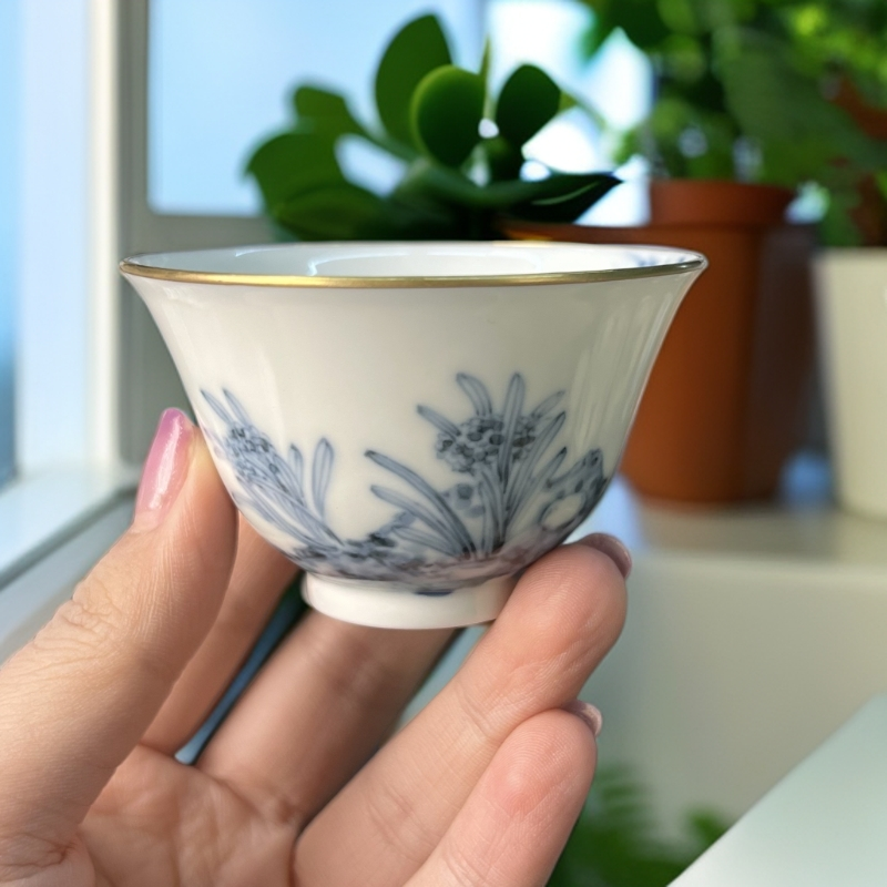青花品茗杯水仙纯手绘主人杯容量65cc