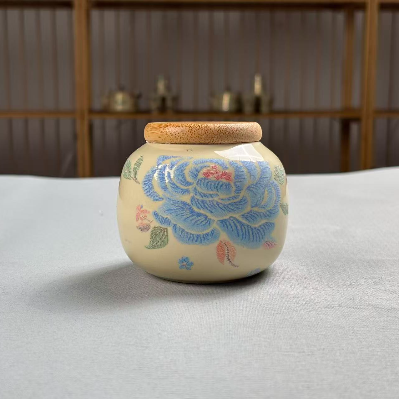 普洱红绿茶防潮便携蓝色牡丹款茶叶罐