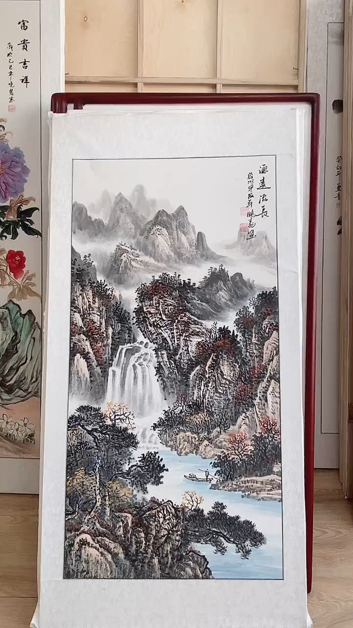 国画实木画框玄关纯手绘国画125*65CM带框装饰字画