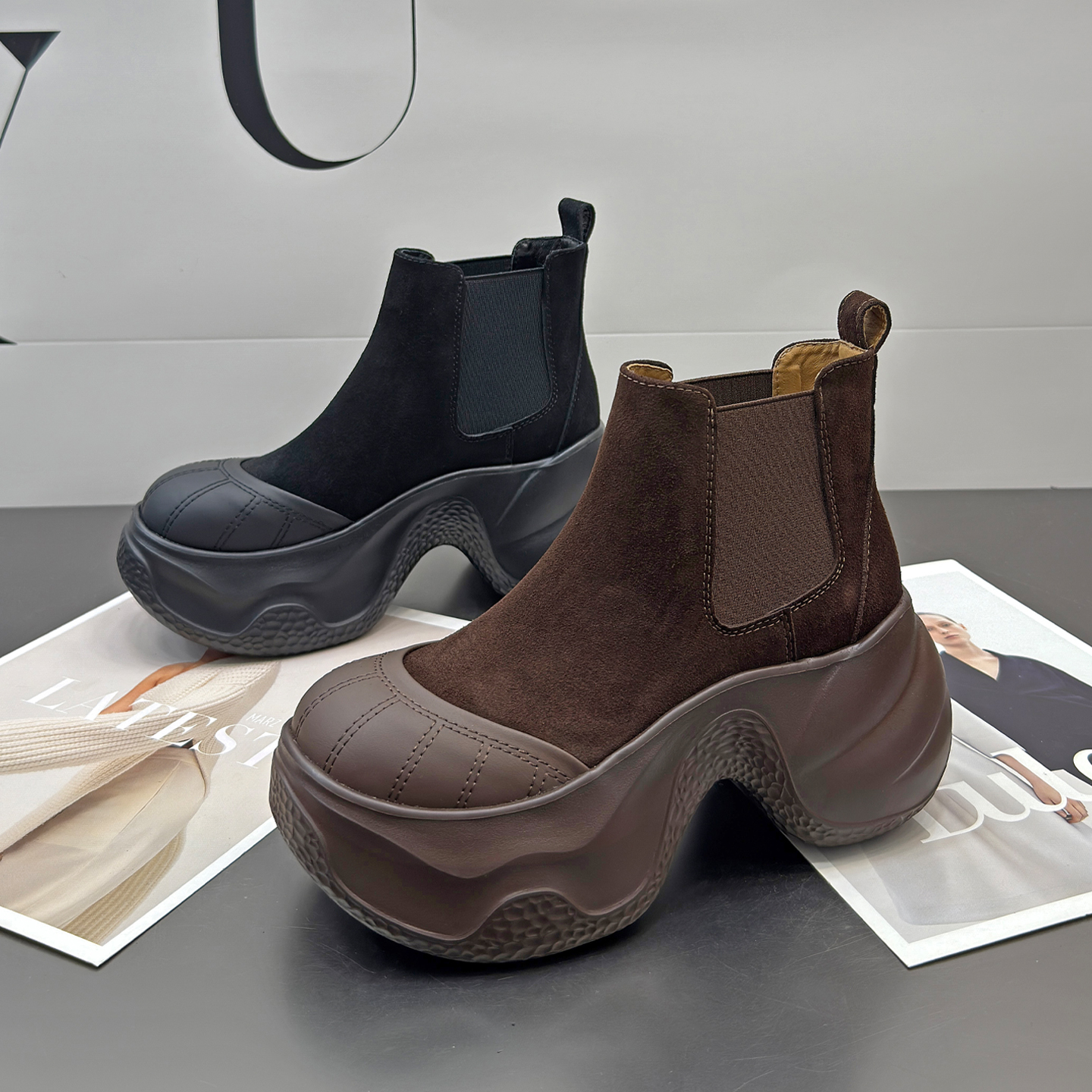 9015-1复古切尔西短靴女厚底2025新款真皮松糕大头英伦风马丁靴