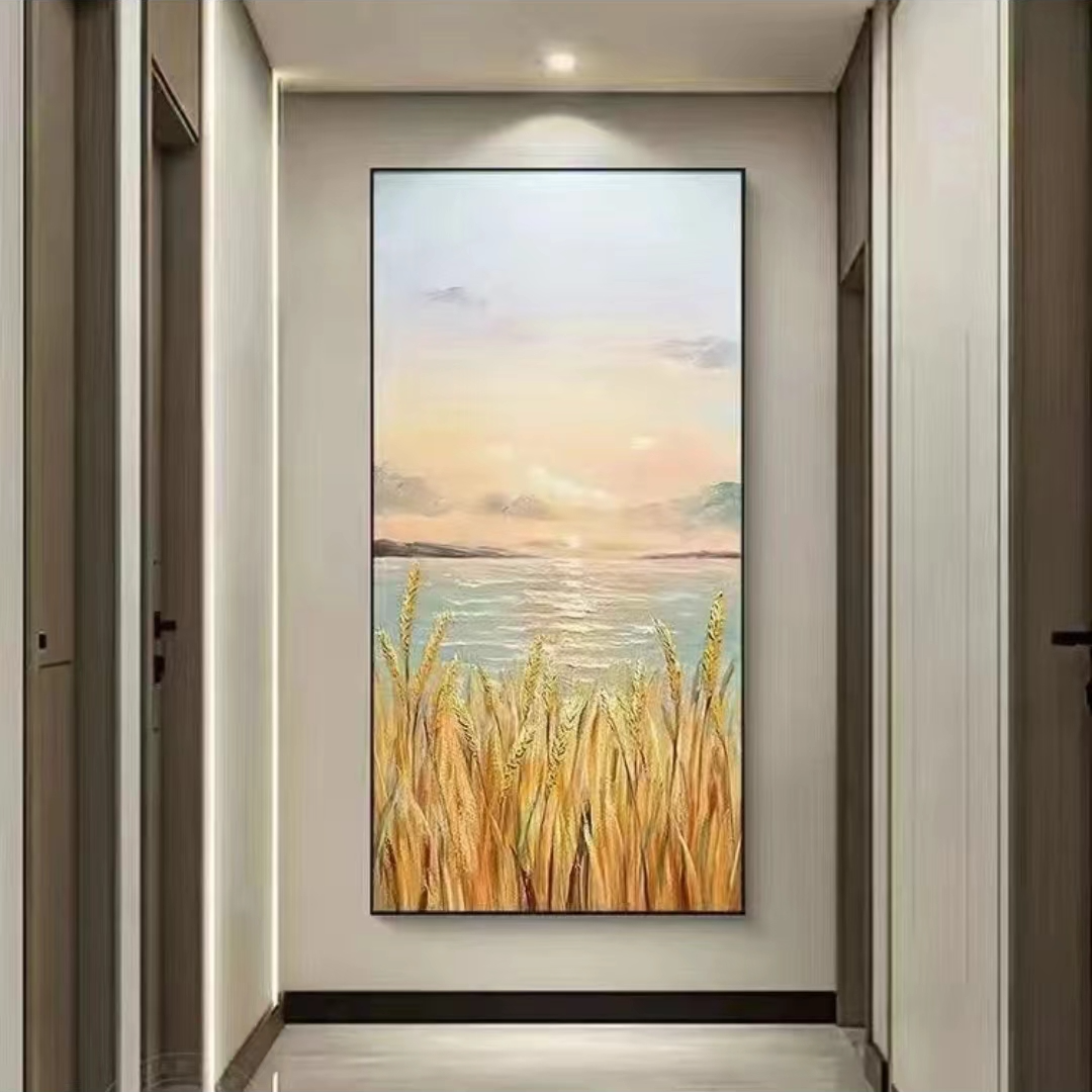 丰收金色麦田仿油画田园日出风景玄关挂画客厅手工砂岩肌理装饰画