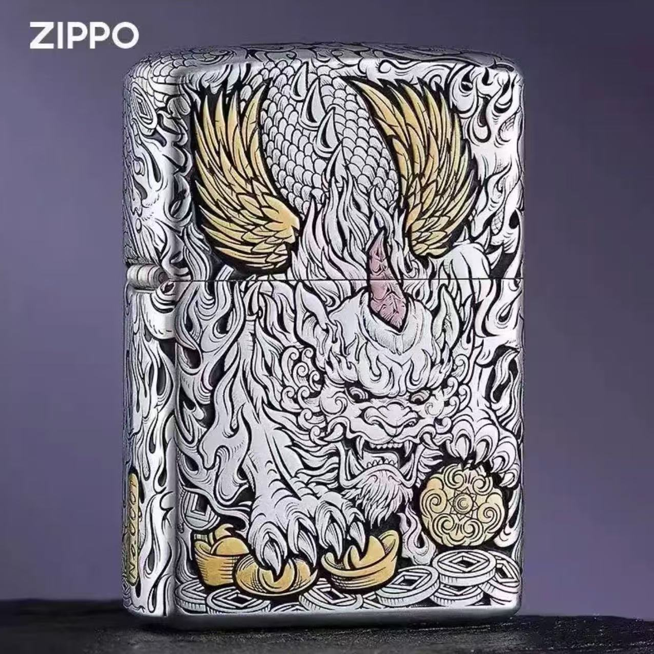 ZIPPO/之宝【钢机飞天貔貅】错金银雕刻重甲礼盒装防风打火机DYX1H1