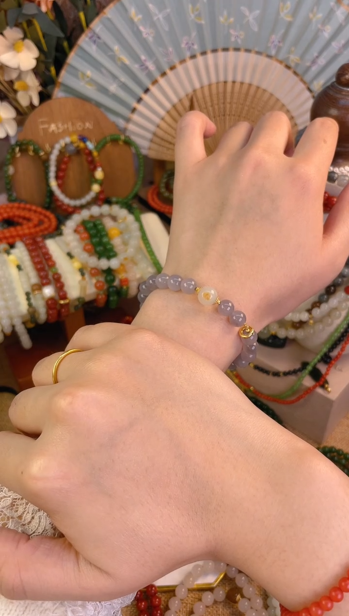 【闪购商品】和田玉手串18K金镶嵌烟紫