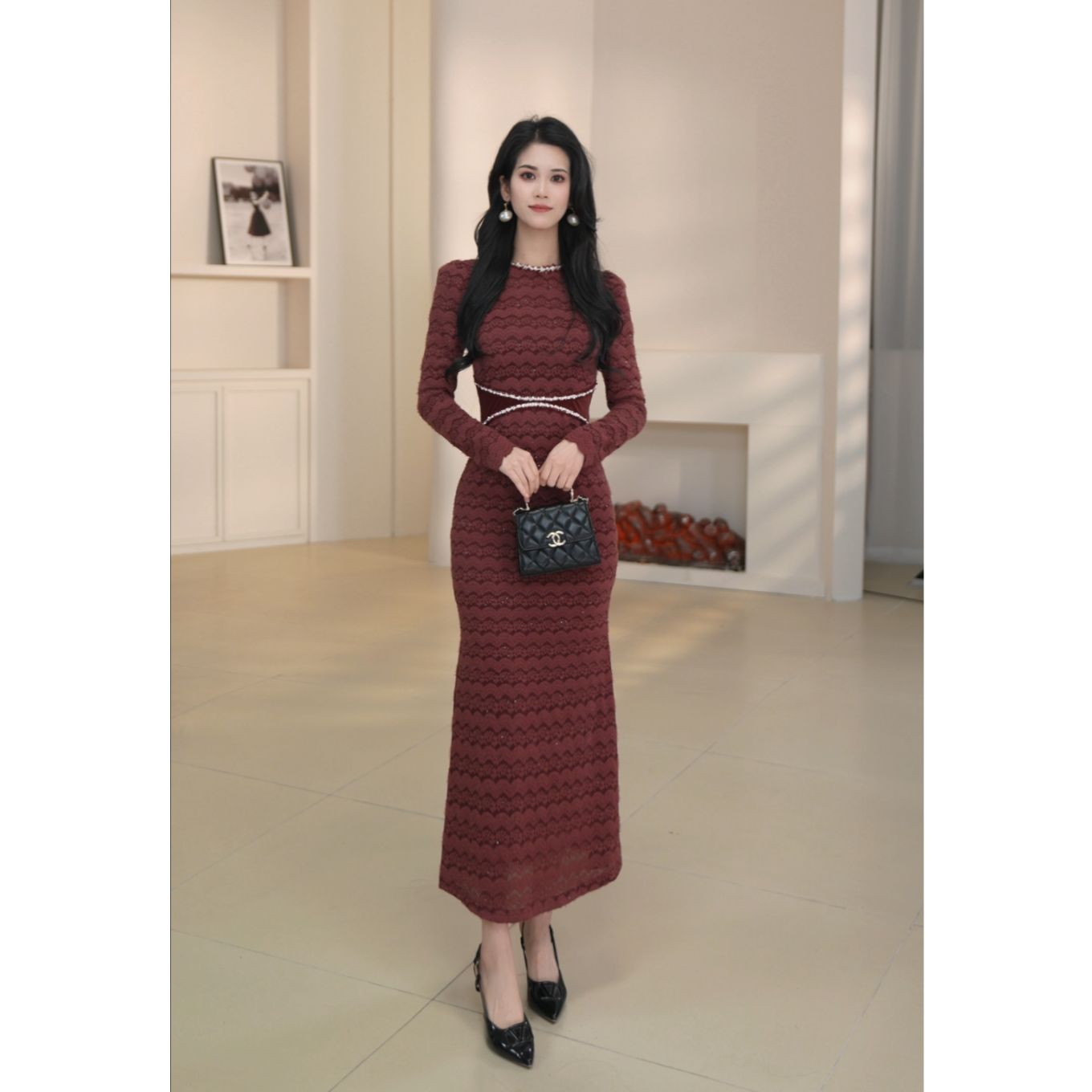 NaiAn/奈安 显瘦气质复古安哥拉红长款时尚优雅修身连衣裙 21880