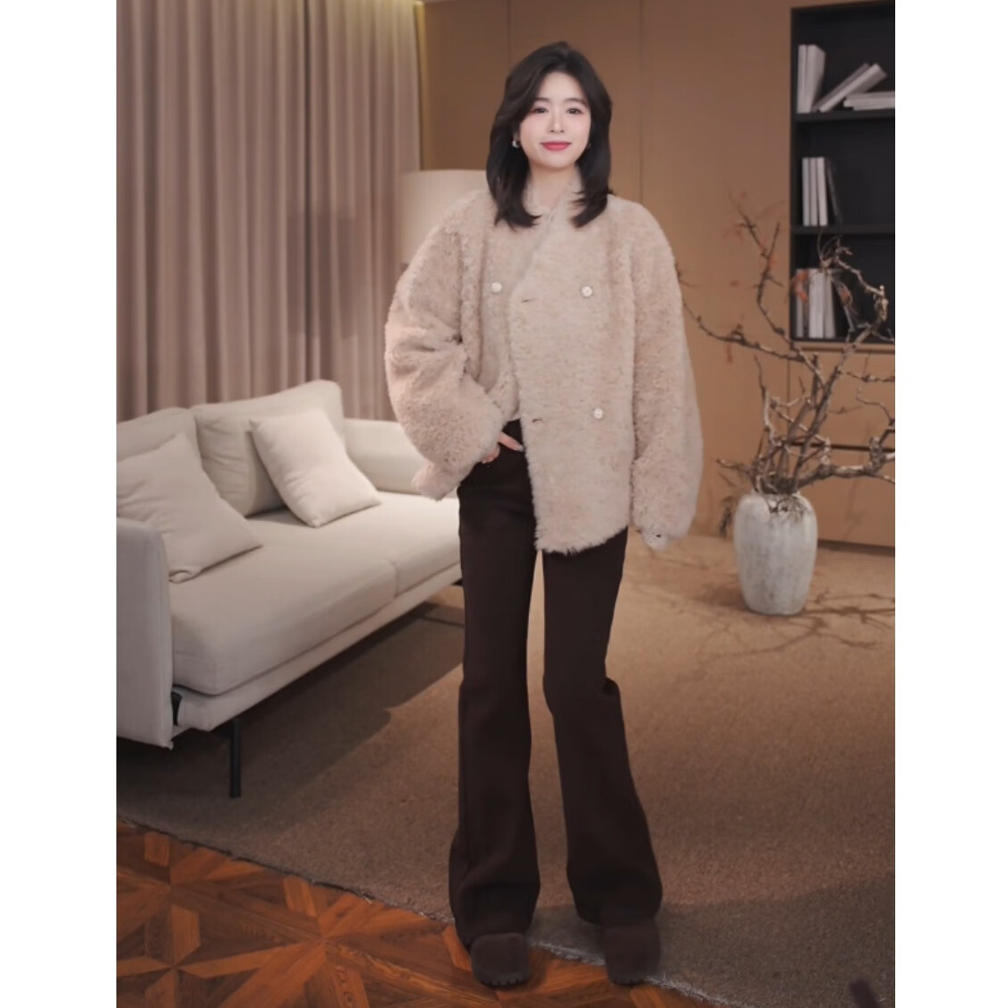 广州琴姐【摩卡微喇】加绒加厚咖色高腰直筒牛仔裤子女冬季新款9719
