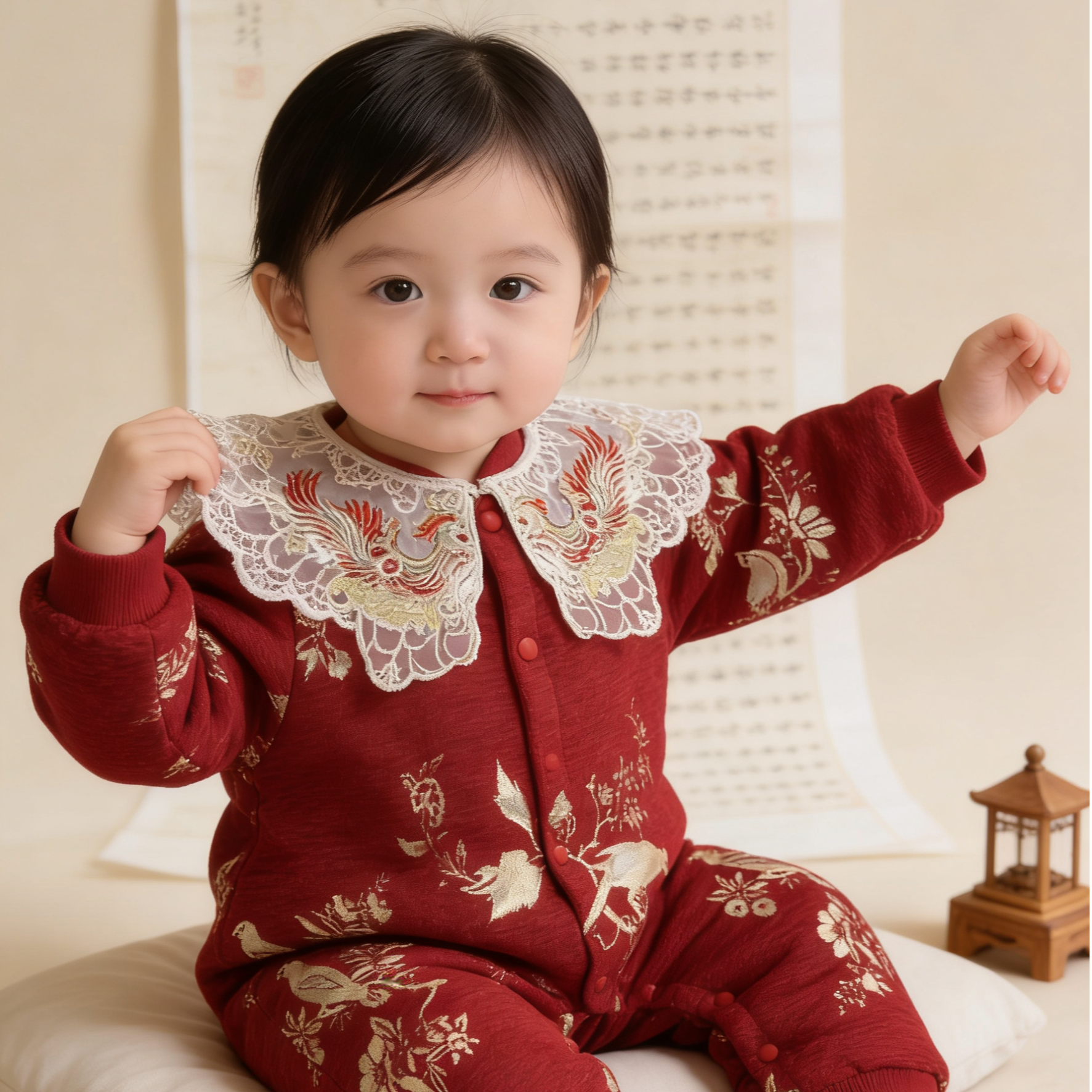 中国风云肩过年喜庆连体服冬季女宝哈衣