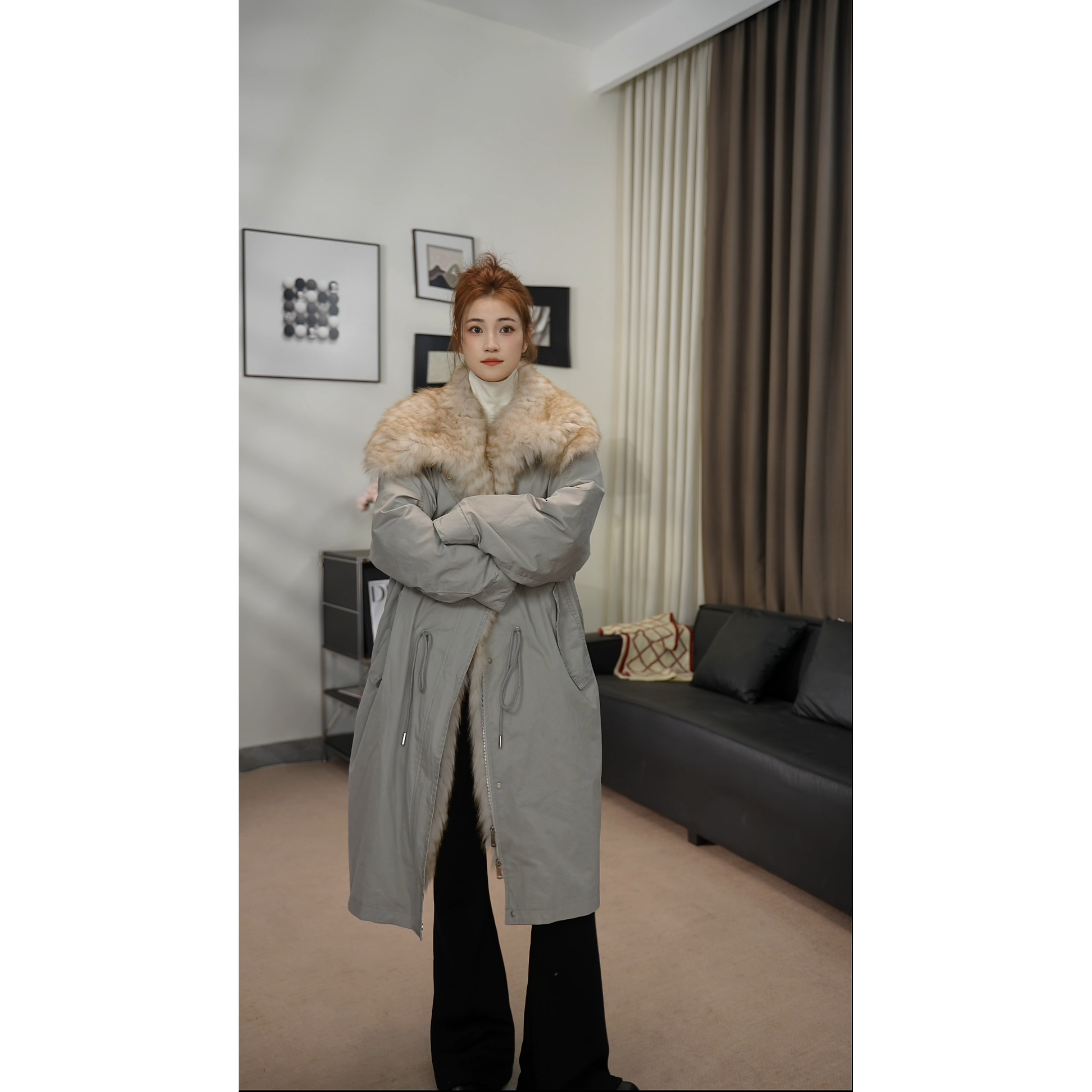 XIYUE 新款两件套可拆卸狐狸毛领白鹅绒风衣长款派克大女主外套