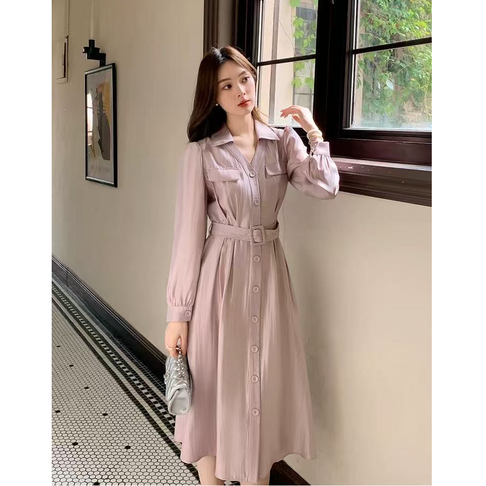 2025新款春秋季法式高级感浅紫色显瘦衬衫裙连衣裙女长袖5096