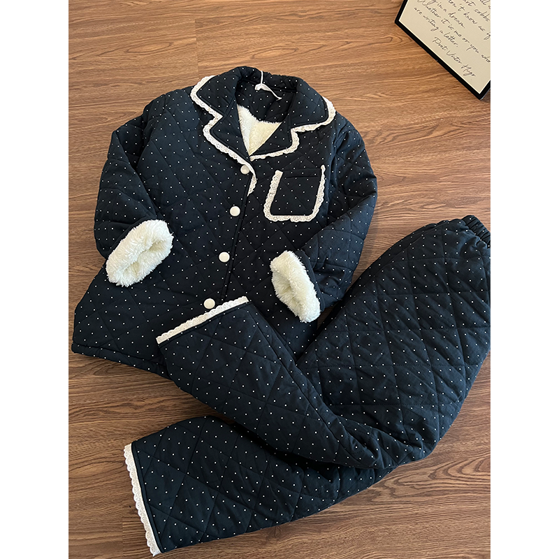 韩版简约气质加厚波点夹棉睡衣女秋冬季新款保暖家居服套装可外穿