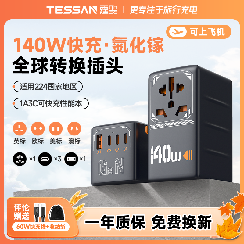 【国补15%】TESSAN霆圣140W全球多国通用旅行转换插头出国转换插座