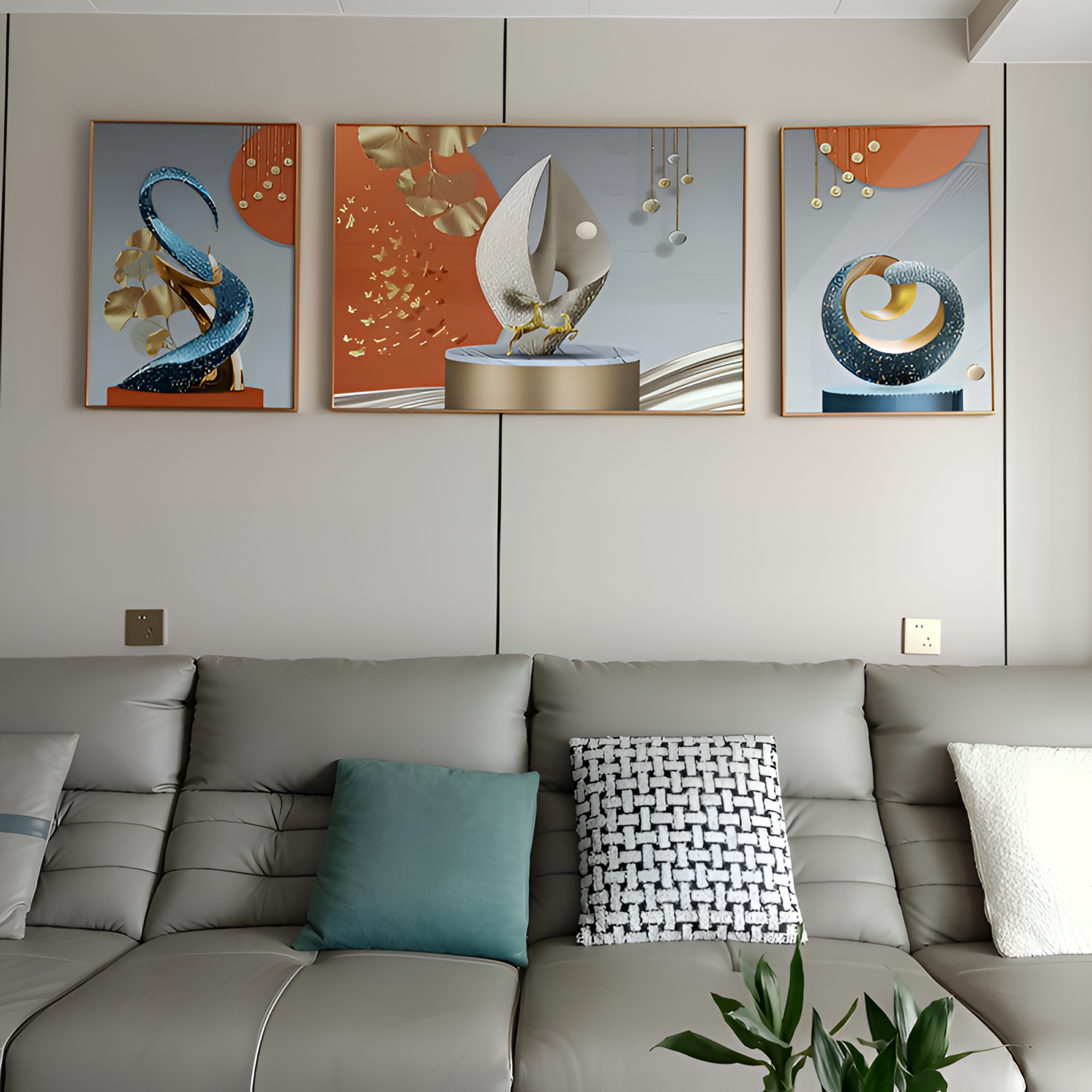 简约轻奢镶钻晶瓷客厅沙发背景墙装饰三联画装饰画