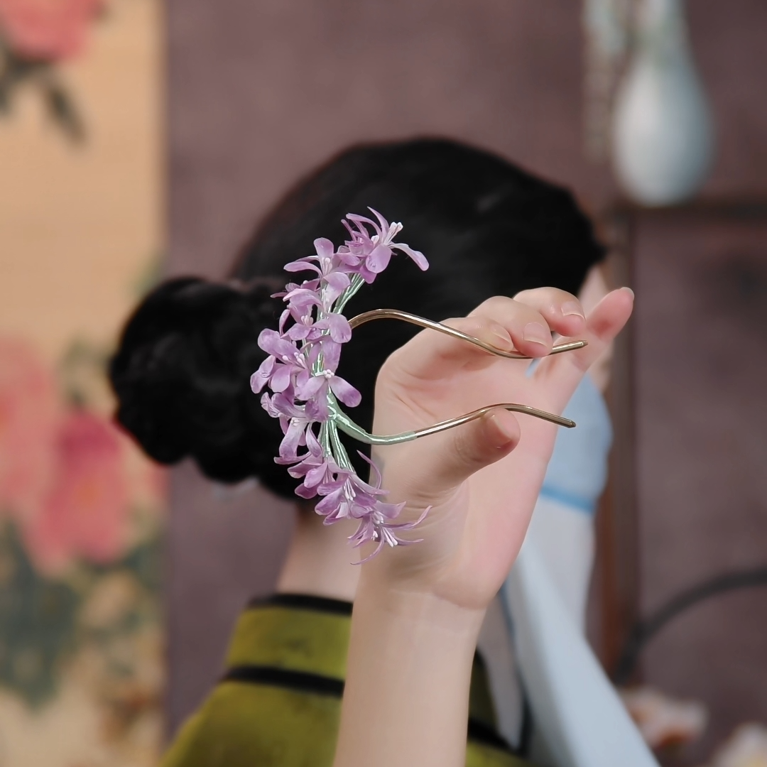 【紫惠香】非遗扁绒绒花纯手工丁香花粉紫色仙气日常古风大U钗