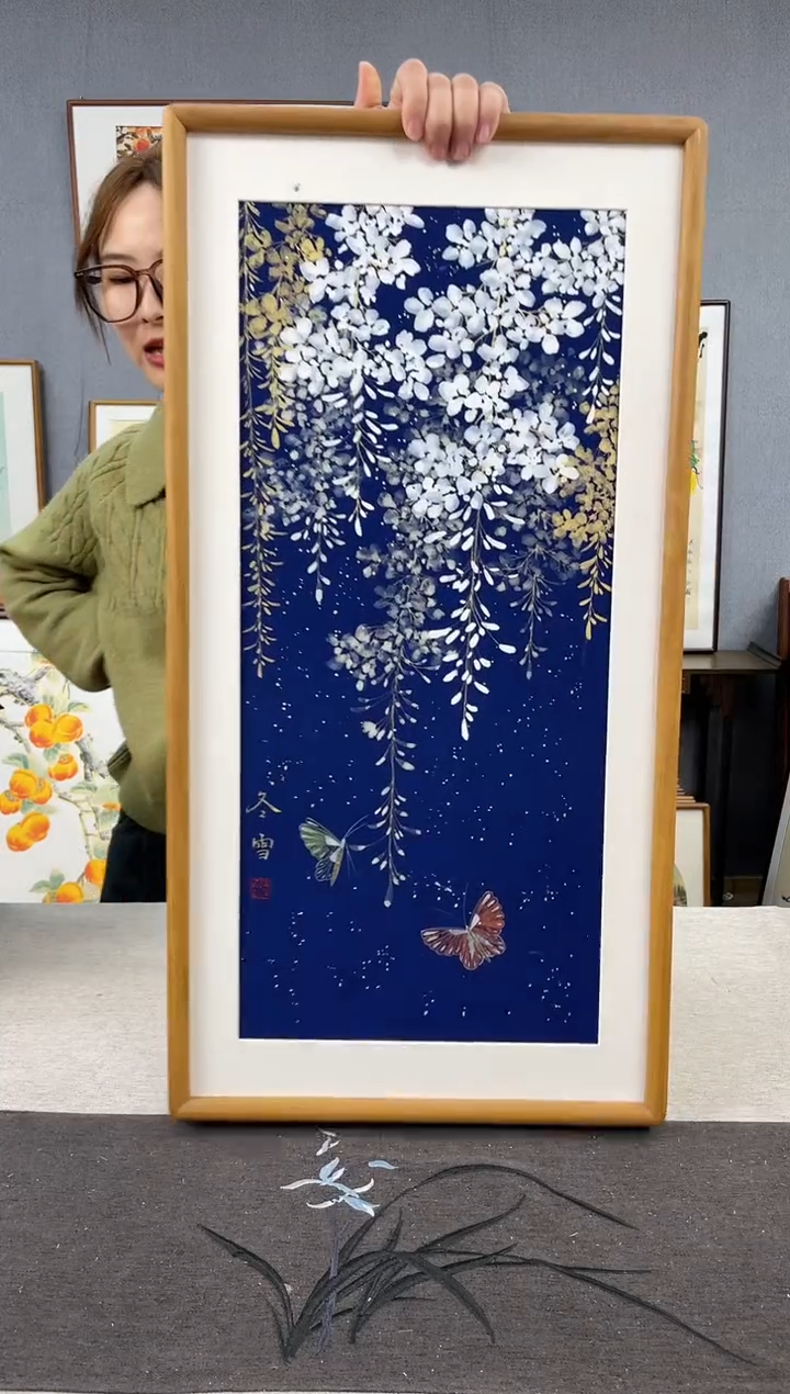 【闪购商品】国画闫冬雪-手绘带框作品-35*68-紫藤