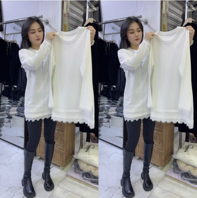 新款蕾丝拼接中长款衫