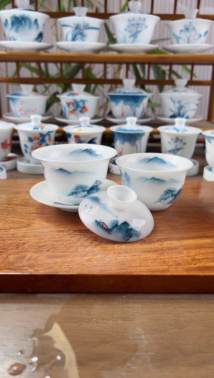 迷***普微瑕高冰千里江山130ml三才盖碗+压手杯1个