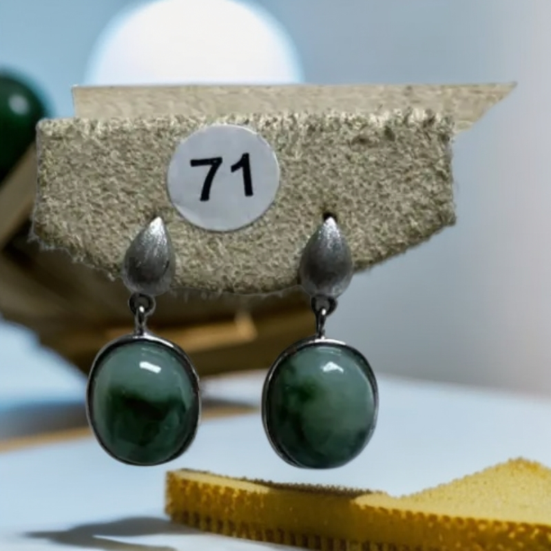 天然岫玉油翠 蛋面银镶嵌时尚耳钉耳饰