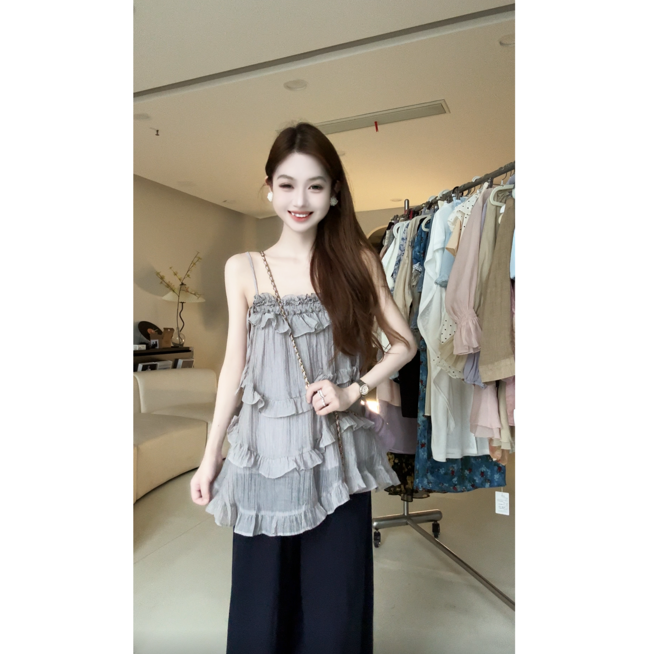 韩系纯欲不规则荷叶边吊带背心2025夏季新款显瘦减龄套装女装chic