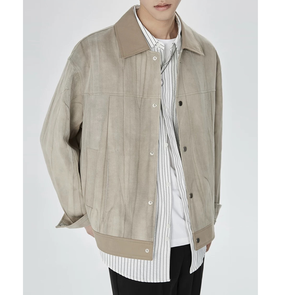 莱塞尔翻领夹克废土风浆染工艺竖纹肌理拼色工装男外套92051