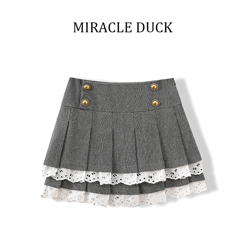 6号【心动旋律】秋冬气质休闲高腰灰色蕾丝拼接百褶短裙C696-2