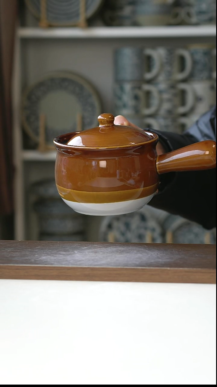 陶美拉德拼色单柄带盖 陶瓷炖盅/汤碗/泡面碗600ml@4-2@微瑕