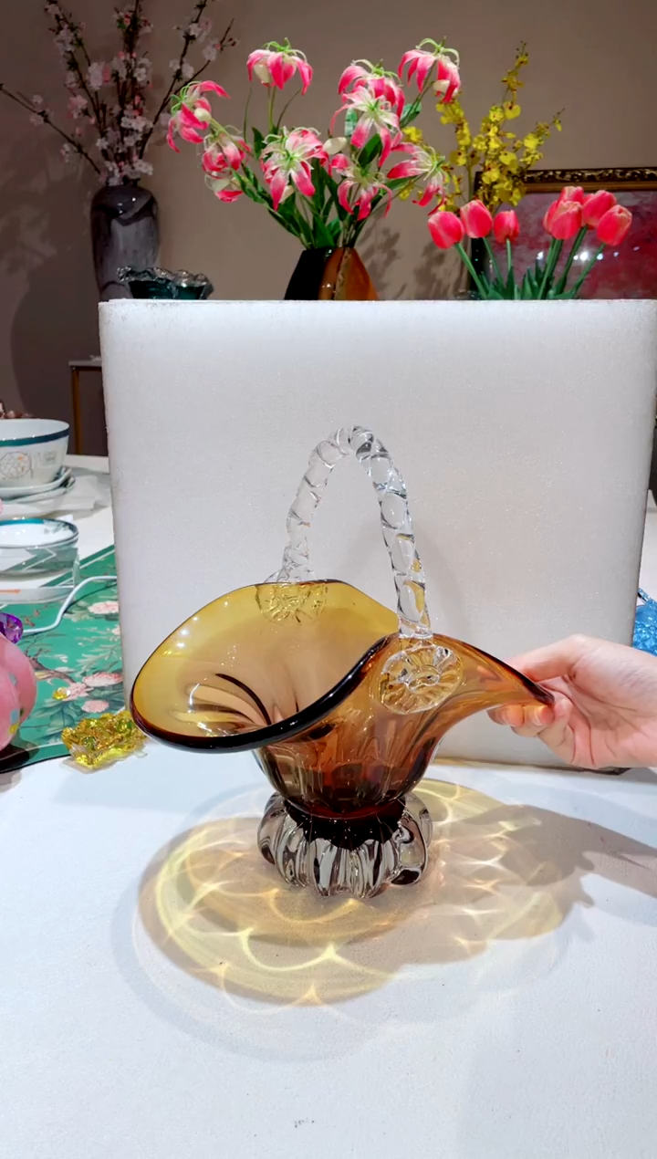 【闪购商品】琉璃手工艺品金红提篮   微瑕