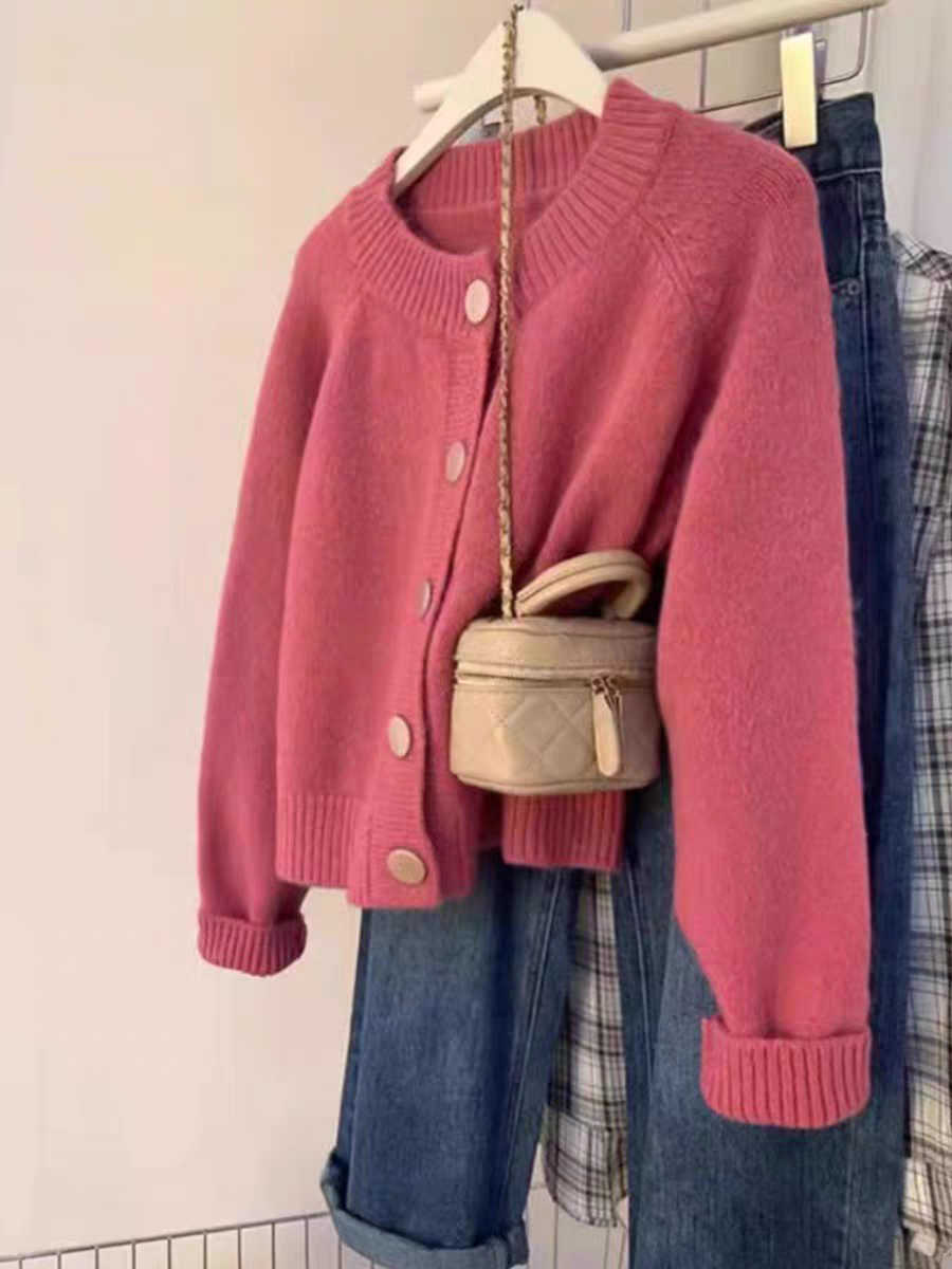 秋冬季宽松高级感外搭别致毛衣韩版软糯粉色圆领短款针织开衫外