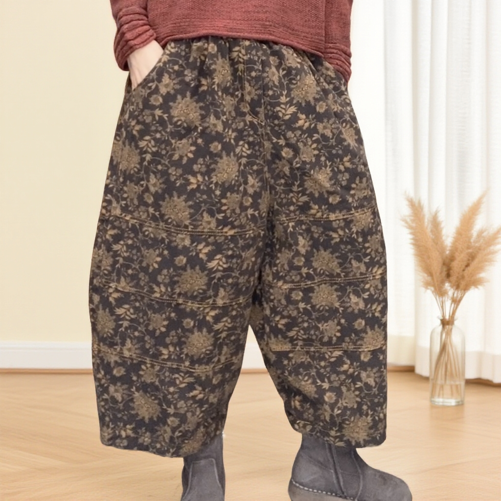 【云吖】冬款加棉加厚复古宽松炒色做旧老钱风印花牛仔阔腿八分棉裤