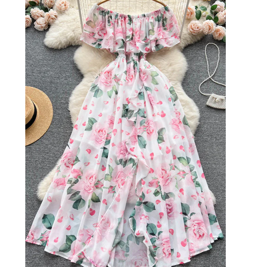 A10韩系温柔气质A字大裙摆碎花连衣裙时尚显瘦度假裙子