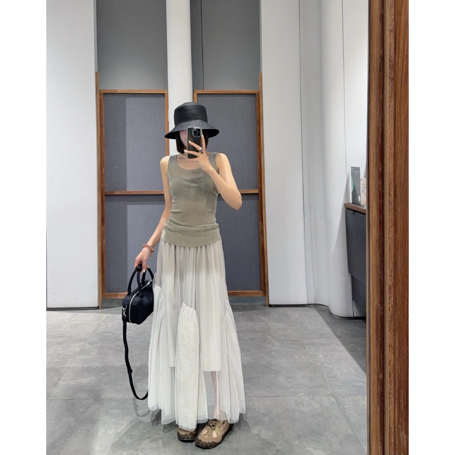 极简宽松百搭网纱拼接半身裙2025年夏季新款高腰不规则中长裙9338