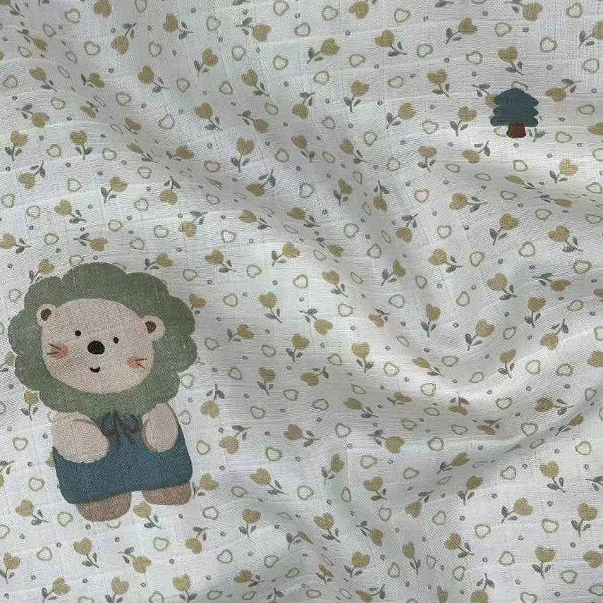 【绒兰】门幅1.6米 全棉双层纱面料 105号黄碎花-小狮子