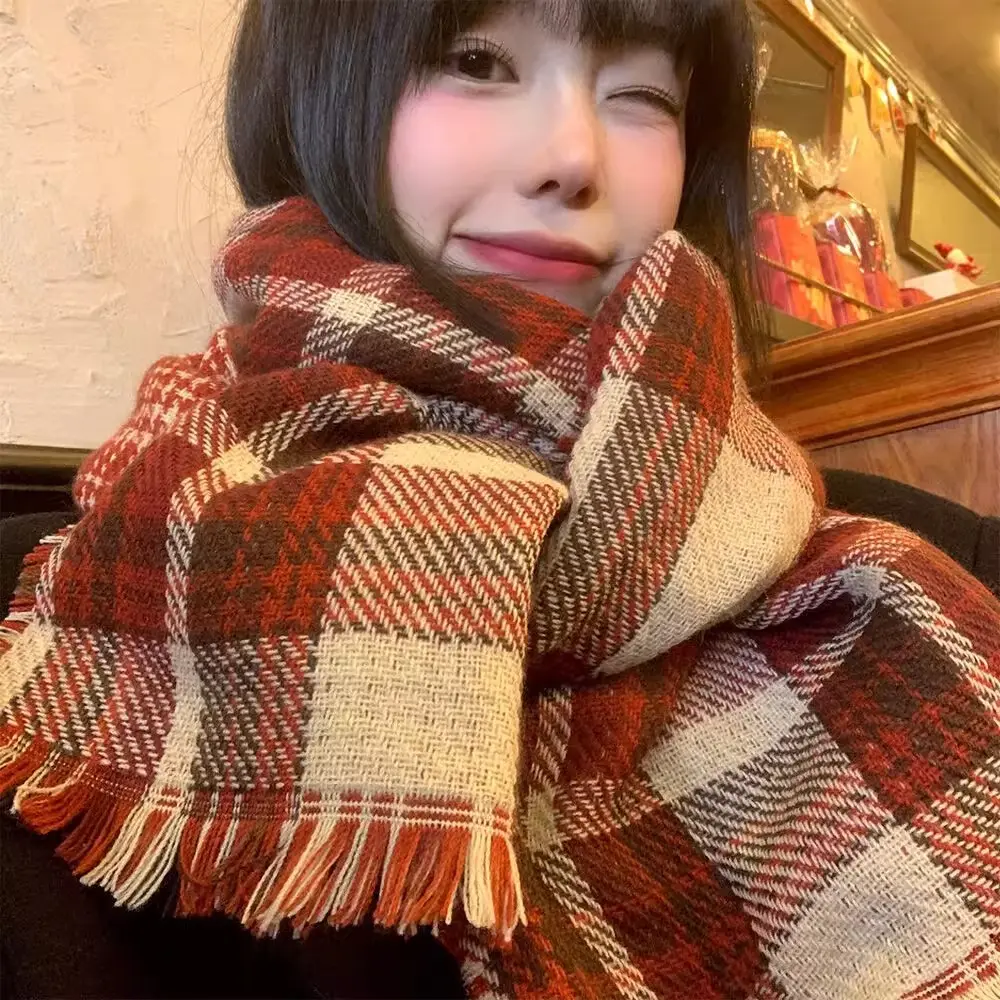 中国风春秋格子冬季,春秋披肩经典红色机能风学院风